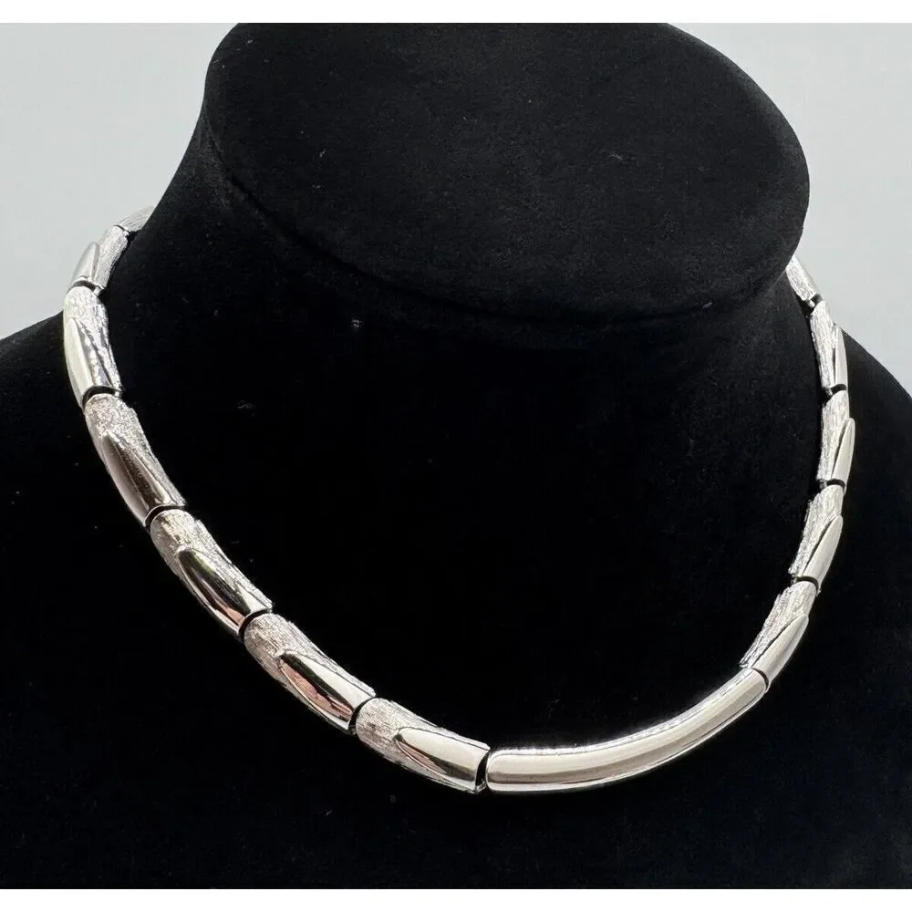 Monet Signed Silver Tone Brushed Polished Vintage Choker Necklace Estate Jewelry